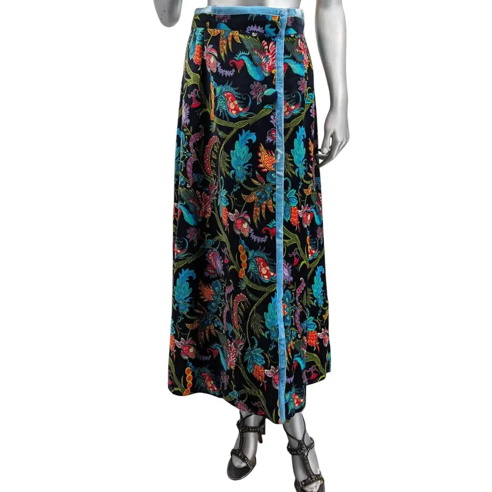 SALE Vintage 1970's SAKS FIFTH AVENUE Cotton Velvet Wrap Skirt Psychedelic Asian